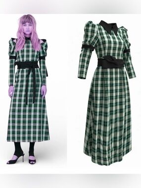 Plaid Long-Sleeve Dress with Black Collar and belt